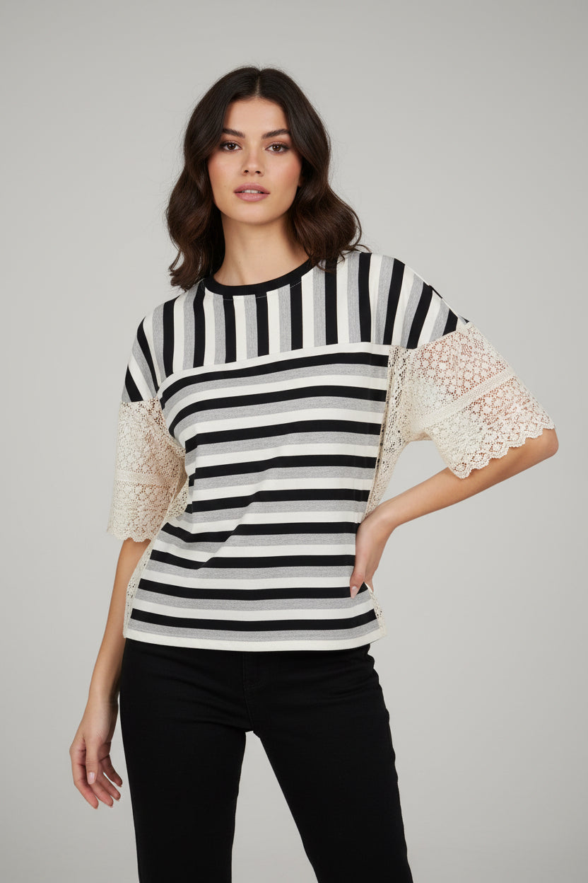 T-shirt righe pizzo